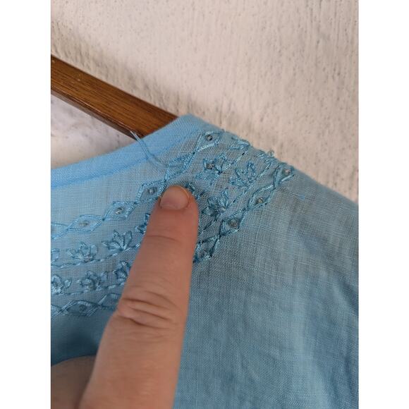 Beaded Boho Linen Tunic Blouse Womens 14 16 Aqua Blue Lagenlook Hippie Fairy - Picture 7 of 9